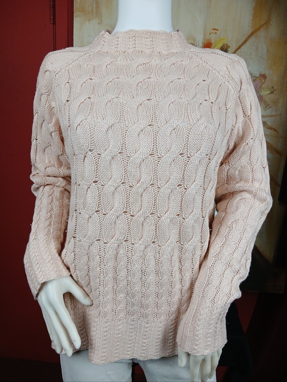 Talbots Petites Silk Cashmere Cable Knit Mock Neck Sweater Pink Pullover PM
